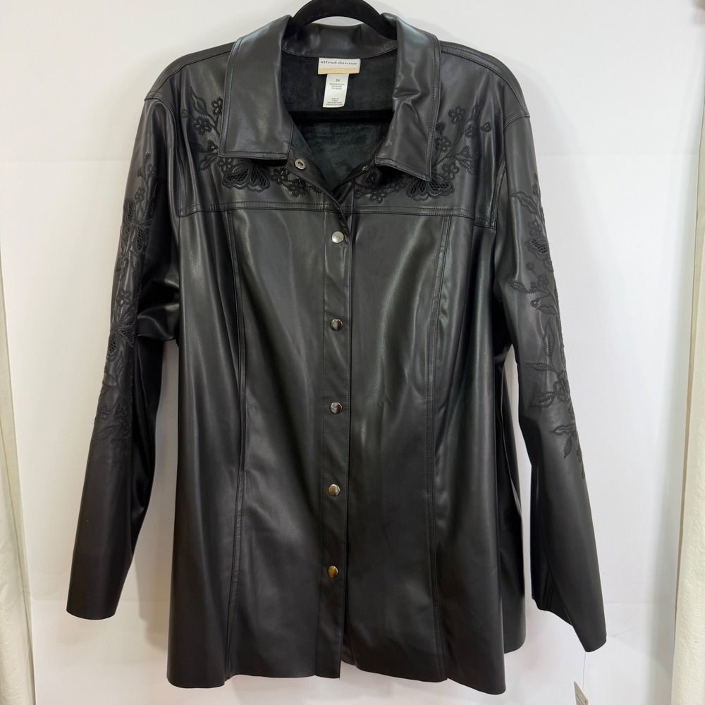 Alfred Dunner Womens Black Faux Leather Embroidered Button‎ Up Jacket 3X $103